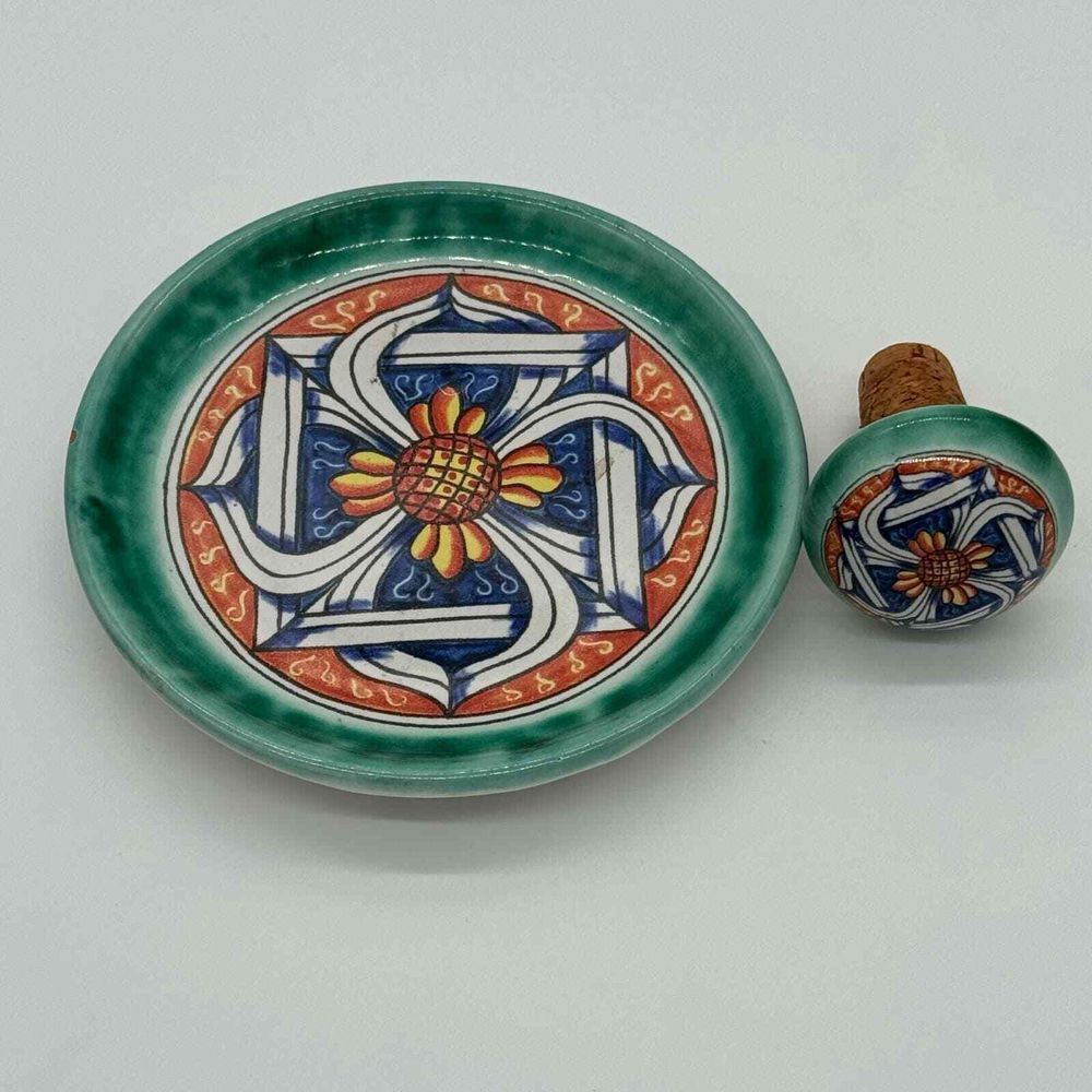 Vietri Wine‎ Plate & Bottle Stopper Set Green Blue Italy Pottery Hostess Gift
